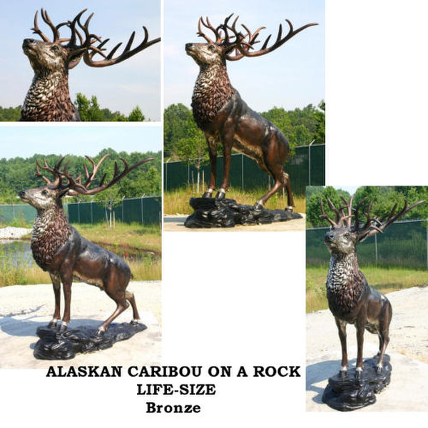 Alaskan Caribou Elk Sculpture Bronze on rock statues lodges decorative